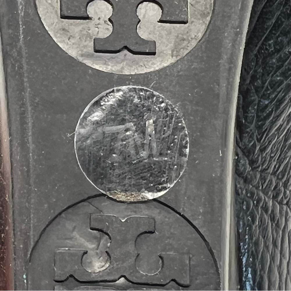 Tory Burch Black Leather Peep-Toe Wedge with Silver Logo - Picture 8 of 10